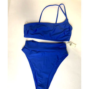 NWT Aerie Bikini Sz XS / S Cheeky High Cut Bottoms Bandeau Top Asymmetrical Blue